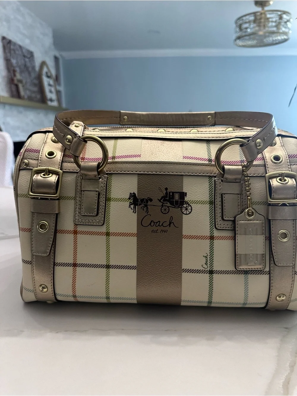Coach Cream Satchel with Multicolor Plaid Stripes